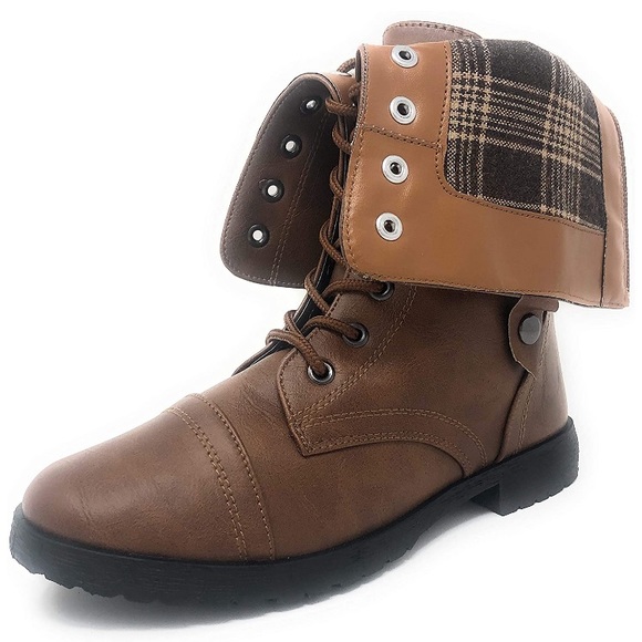 🛍️🛍️🛍️ 5/$20 Military Combat Boot with Plaid Fold-Over Cuff - Picture 4 of 8